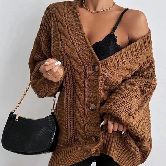 Brown Casual Womens Bishop Sleeve Button Up Cardigan - Picture 4 of 5